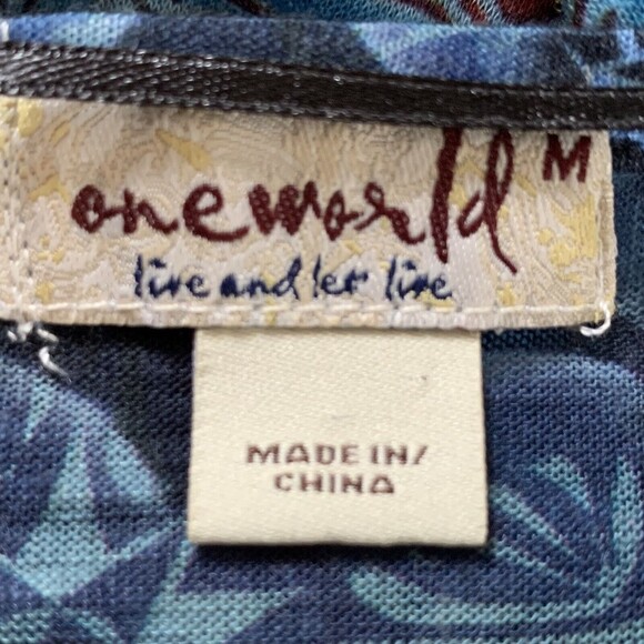 One World Paisley Top Women M Thin Jersey Ruffle Cap Sleeve Peplum - Picture 8 of 9